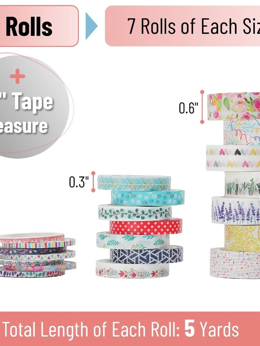 Washi Tape Set, 21 Rolls, Assorted Sizes, Floral - Picture 2 of 6